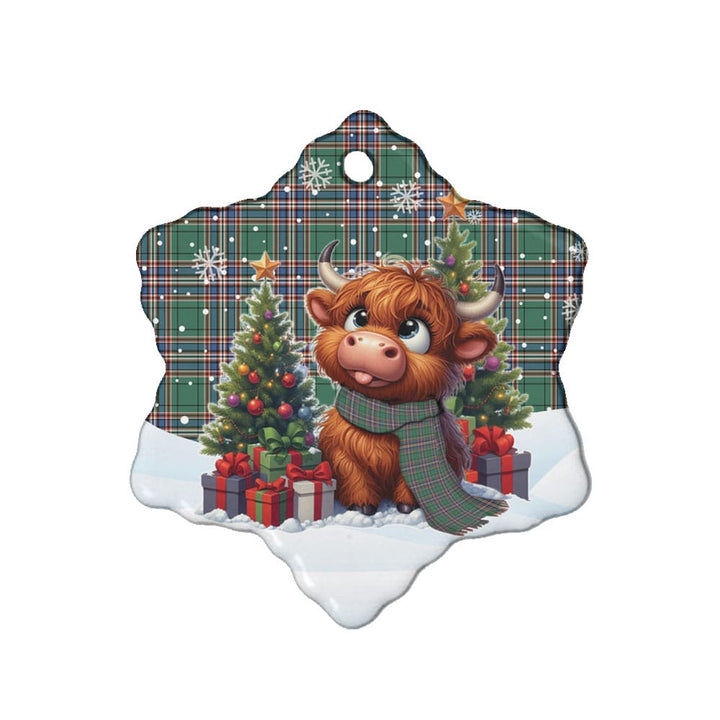 Scottish MacFarlane Hunting Ancient Clan Tartan Ceramic Ornament Cute Highland Cow Christmas Snow Flake Style Tartan Plaid