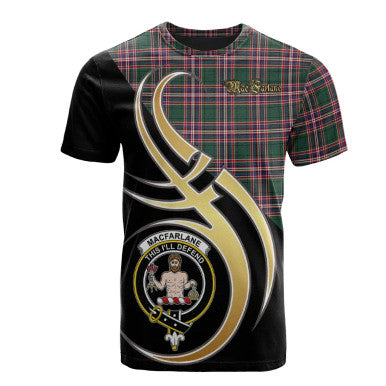 Scottish MacFarlane Hunting Modern Clan Crest Tartan T-Shirt Believe in Me Front Side Tartan Plaid
