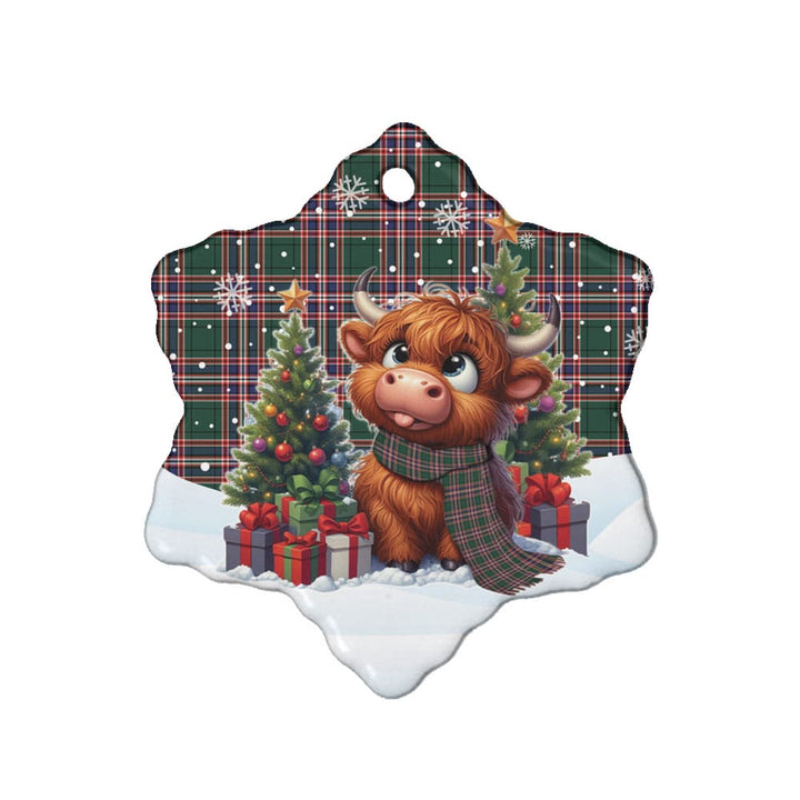 Scottish MacFarlane Hunting Modern Clan Tartan Ceramic Ornament Cute Highland Cow Christmas Snow Flake Style Tartan Plaid