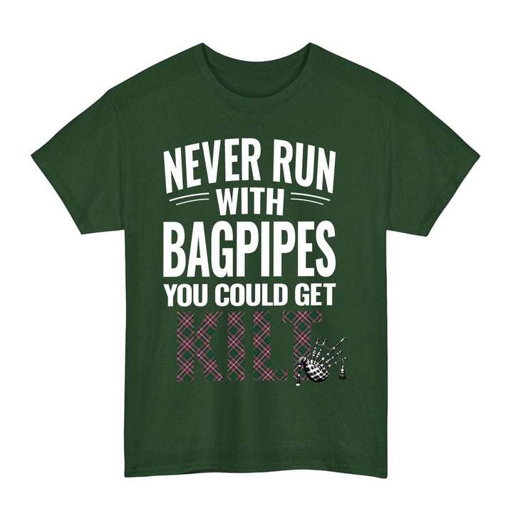 Scottish MacFarlane Hunting Modern Clan Tartan Never Run With Bagpipes T-Shirt Tartan Plaid Forest Green Color