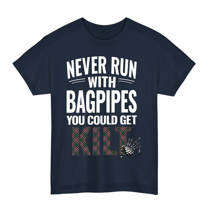 Scottish MacFarlane Hunting Modern Clan Tartan Never Run With Bagpipes T-Shirt Tartan Plaid Navy Color