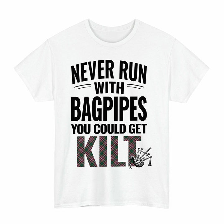 Scottish MacFarlane Hunting Modern Clan Tartan Never Run With Bagpipes T-Shirt Tartan Plaid White Color