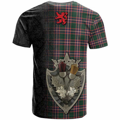 Scottish MacFarlane Hunting Modern Clan Tartan T-Shirt - Half Thistle Flowers Celtic Design Back Side Tartan Plaid