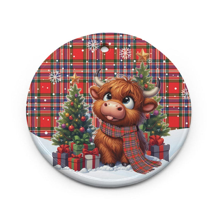 Scottish MacFarlane Modern Clan Tartan Ceramic Ornament Cute Highland Cow Christmas Circle Style Tartan Plaid