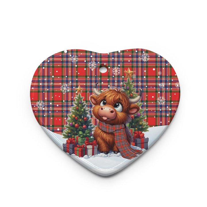 Scottish MacFarlane Modern Clan Tartan Ceramic Ornament Cute Highland Cow Christmas Heart Style Tartan Plaid
