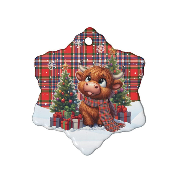 Scottish MacFarlane Modern Clan Tartan Ceramic Ornament Cute Highland Cow Christmas Snow Flake Style Tartan Plaid