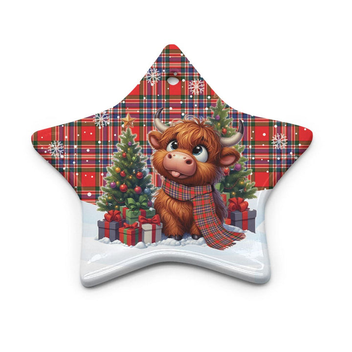 Scottish MacFarlane Modern Clan Tartan Ceramic Ornament Cute Highland Cow Christmas Star Style Tartan Plaid