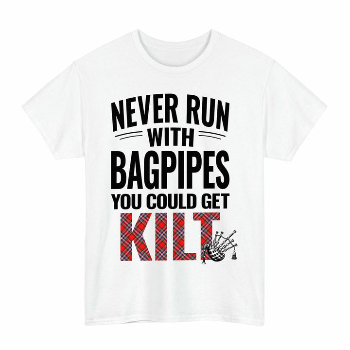 Scottish MacFarlane Modern Clan Tartan Never Run With Bagpipes T-Shirt Tartan Plaid White Color