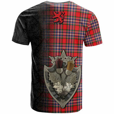 Scottish MacFarlane Modern Clan Tartan T-Shirt - Half Thistle Flowers Celtic Design Back Side Tartan Plaid