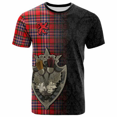 Scottish MacFarlane Modern Clan Tartan T-Shirt - Half Thistle Flowers Celtic Design Front Side Tartan Plaid
