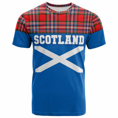 Scottish MacFarlane Modern Clan Tartan T-Shirt - Lion Rampant of Scotland With Flag Front Side Tartan Plaid