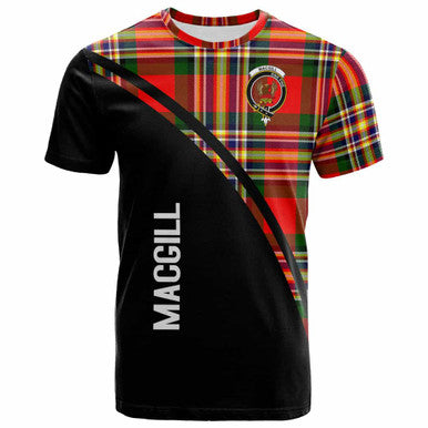 Scottish MacGill (Makgill) Clan Crest Tartan Curve T-Shirt Front Side Tartan Plaid