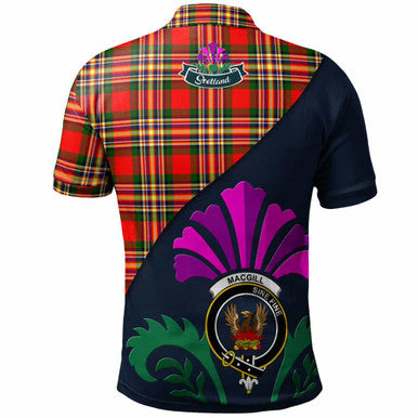 Scottish MacGill (Makgill) Clan Crest Tartan Polo Shirt - Scotland Thistle Style Back Side Tartan Plaid