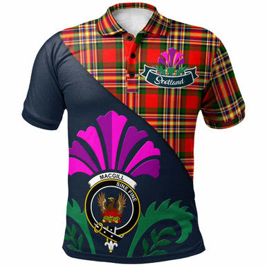 Scottish MacGill (Makgill) Clan Crest Tartan Polo Shirt - Scotland Thistle Style Front Side Tartan Plaid