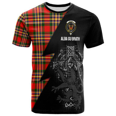 Scottish MacGill (Makgill) Clan Crest Tartan T-Shirt - Lion Rampant Celtic Cross Flash Style Front Side Tartan Plaid