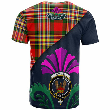 Scottish MacGill (Makgill) Clan Crest Tartan T-Shirt - Scotland Thistle Style Back Side Tartan Plaid