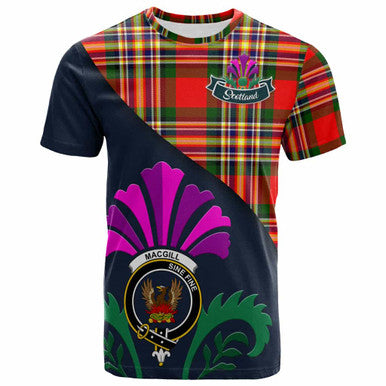 Scottish MacGill (Makgill) Clan Crest Tartan T-Shirt - Scotland Thistle Style Front Side Tartan Plaid