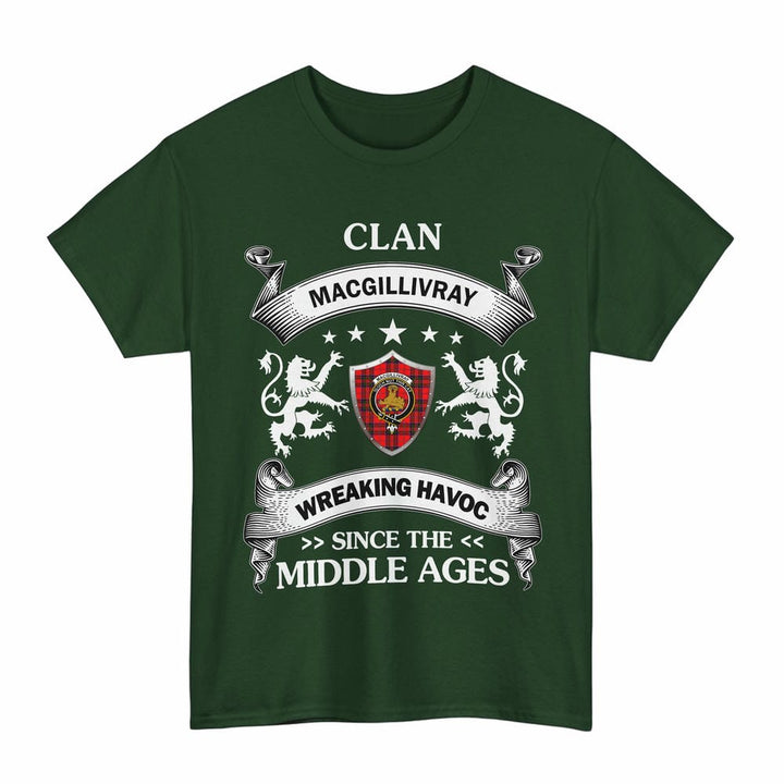 Scottish MacGillivray Clan Crest Tartan T-Shirt Wreaking Havoc Design Tartan Plaid Forest Green Color