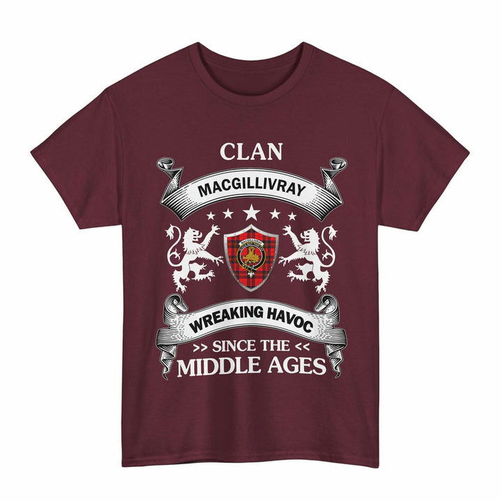 Scottish MacGillivray Clan Crest Tartan T-Shirt Wreaking Havoc Design Tartan Plaid Maroon Color