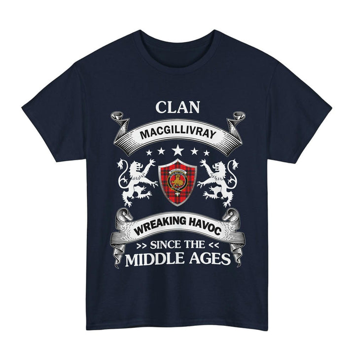 Scottish MacGillivray Clan Crest Tartan T-Shirt Wreaking Havoc Design Tartan Plaid Navy Color