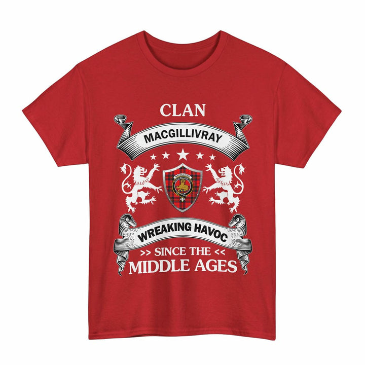 Scottish MacGillivray Clan Crest Tartan T-Shirt Wreaking Havoc Design Tartan Plaid Red Color