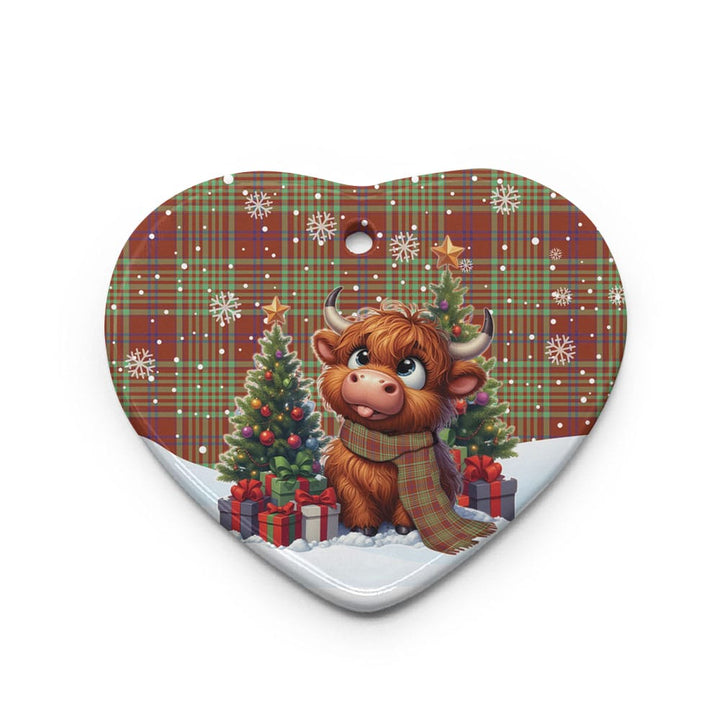 Scottish MacGillivray Hunting Ancient Clan Tartan Ceramic Ornament Cute Highland Cow Christmas Heart Style Tartan Plaid