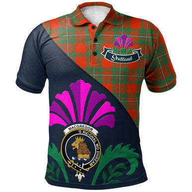Scottish MacGregor Clan Crest Tartan Polo Shirt - Scotland Thistle Style Front Side Tartan Plaid