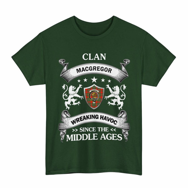 Scottish MacGregor Clan Crest Tartan T-Shirt Wreaking Havoc Design Tartan Plaid Forest Green Color