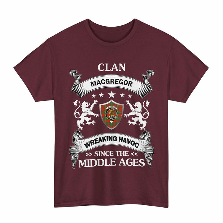 Scottish MacGregor Clan Crest Tartan T-Shirt Wreaking Havoc Design Tartan Plaid Maroon Color
