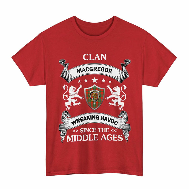 Scottish MacGregor Clan Crest Tartan T-Shirt Wreaking Havoc Design Tartan Plaid Red Color