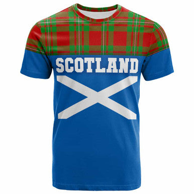 Scottish MacGregor Modern Clan Tartan T-Shirt - Lion Rampant of Scotland With Flag Front Side Tartan Plaid
