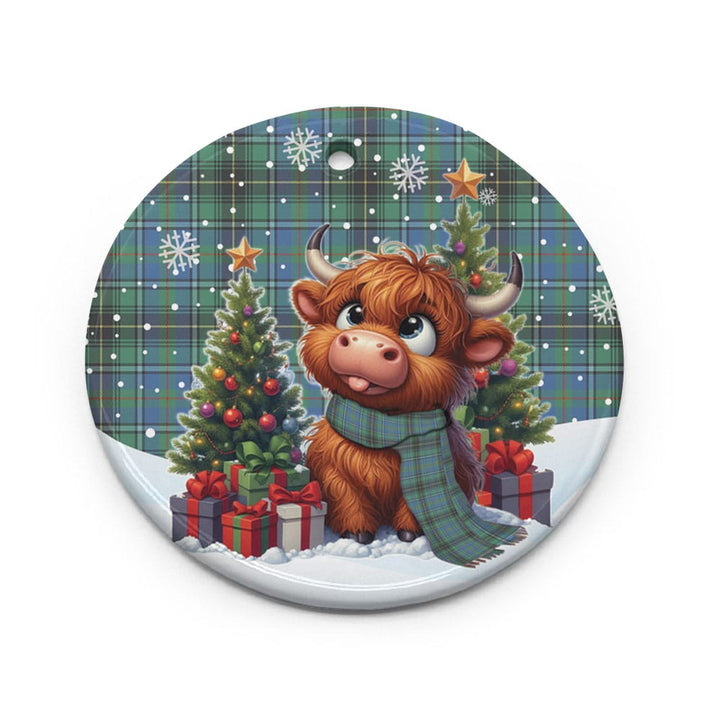 Scottish MacInnes Ancient Clan Tartan Ceramic Ornament Cute Highland Cow Christmas Circle Style Tartan Plaid