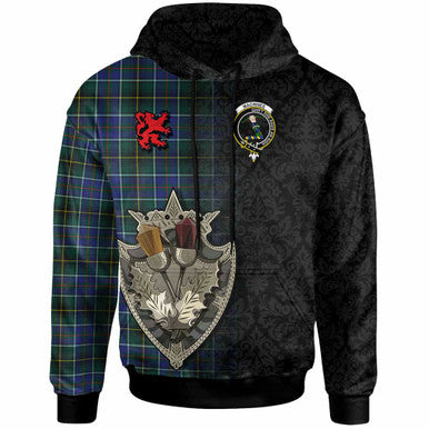 Scottish MacInnes Clan Crest Tartan Hoodie - Half Thistle Flowers Celtic Design Front Side Tartan Plaid