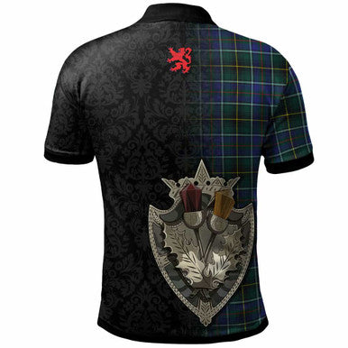 Scottish MacInnes Clan Crest Tartan Polo Shirt - Half Thistle Flowers Celtic Design Back Side Tartan Plaid