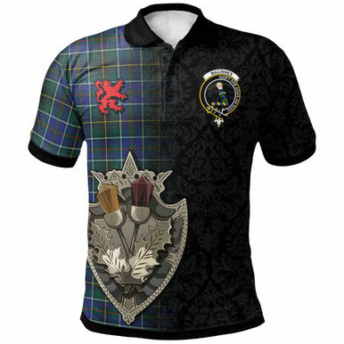Scottish MacInnes Clan Crest Tartan Polo Shirt - Half Thistle Flowers Celtic Design Front Side Tartan Plaid