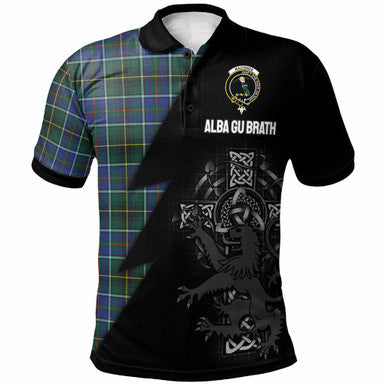 Scottish MacInnes Clan Crest Tartan Polo Shirt - Lion Rampant Celtic Cross Flash Style Front Side Tartan Plaid