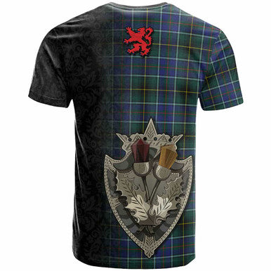Scottish MacInnes Clan Crest Tartan T-Shirt - Half Thistle Flowers Celtic Design Back Side Tartan Plaid