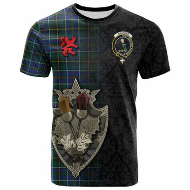 Scottish MacInnes Clan Crest Tartan T-Shirt - Half Thistle Flowers Celtic Design Front Side Tartan Plaid