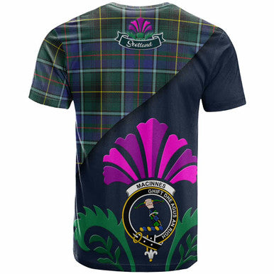 Scottish MacInnes Clan Crest Tartan T-Shirt - Scotland Thistle Style Back Side Tartan Plaid