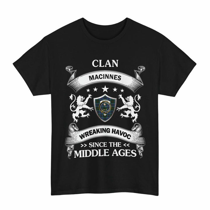 Scottish MacInnes Clan Crest Tartan T-Shirt Wreaking Havoc Design Tartan Plaid Black Color