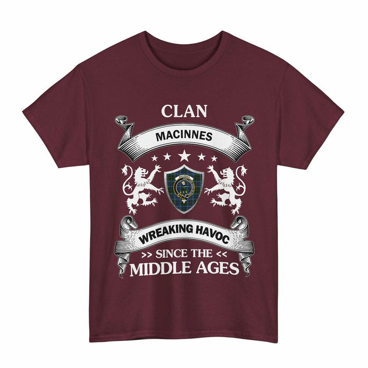 Scottish MacInnes Clan Crest Tartan T-Shirt Wreaking Havoc Design Tartan Plaid Maroon Color