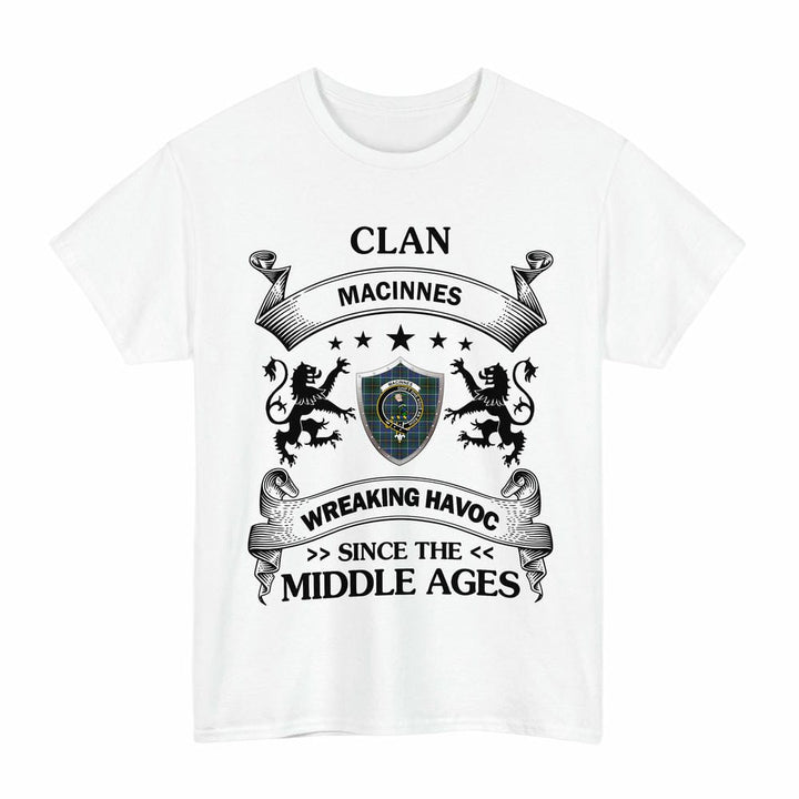 Scottish MacInnes Clan Crest Tartan T-Shirt Wreaking Havoc Design Tartan Plaid White Color