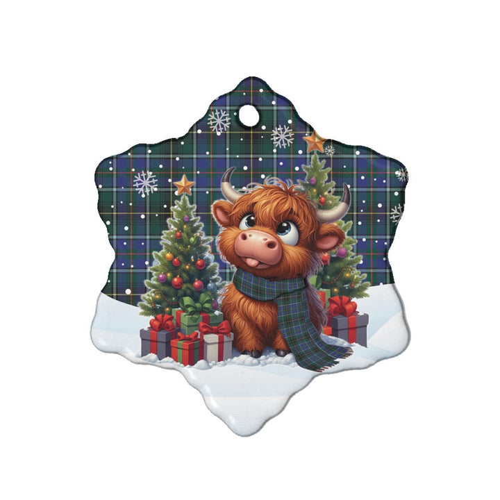 Scottish MacInnes Modern Clan Tartan Ceramic Ornament Cute Highland Cow Christmas Snow Flake Style Tartan Plaid