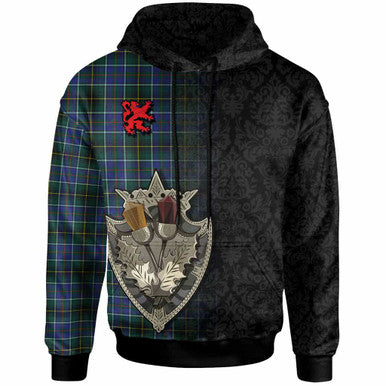 Scottish MacInnes Modern Clan Tartan Hoodie - Half Thistle Flowers Celtic Design Front Side Tartan Plaid