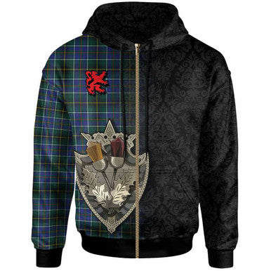 Scottish MacInnes Modern Clan Tartan Hoodie - Half Thistle Flowers Celtic Design Zip-up Tartan Plaid