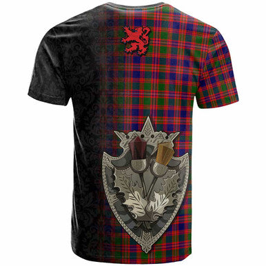Scottish MacIntyre Clan Crest Tartan T-Shirt - Half Thistle Flowers Celtic Design Back Side Tartan Plaid