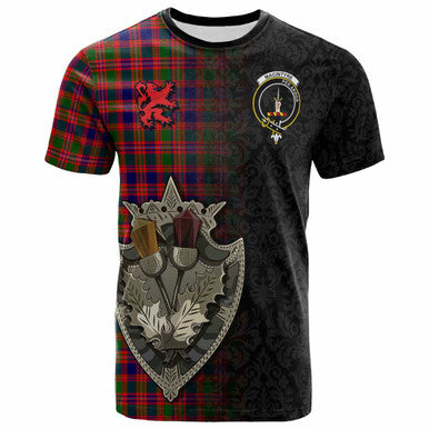Scottish MacIntyre Clan Crest Tartan T-Shirt - Half Thistle Flowers Celtic Design Front Side Tartan Plaid