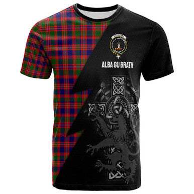 Scottish MacIntyre Clan Crest Tartan T-Shirt - Lion Rampant Celtic Cross Flash Style Front Side Tartan Plaid
