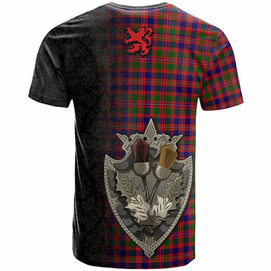 Scottish MacIntyre Modern Clan Tartan T-Shirt - Half Thistle Flowers Celtic Design Back Side Tartan Plaid