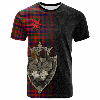 Scottish MacIntyre Modern Clan Tartan T-Shirt - Half Thistle Flowers Celtic Design Front Side Tartan Plaid